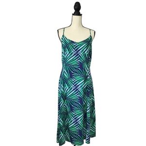 Old Navy Dress Blue Green Palm Leaves Adjustable Straps Ruched Back Size M NWT